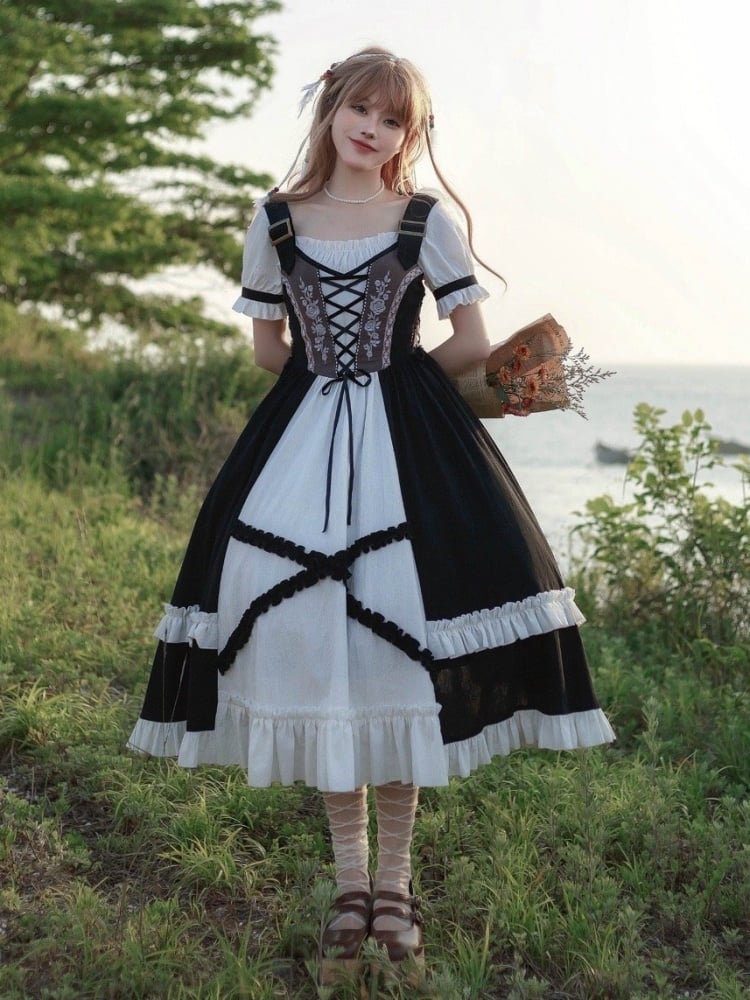 Rosette Embroidery Lace-up Details Bodice Black and White One Piece