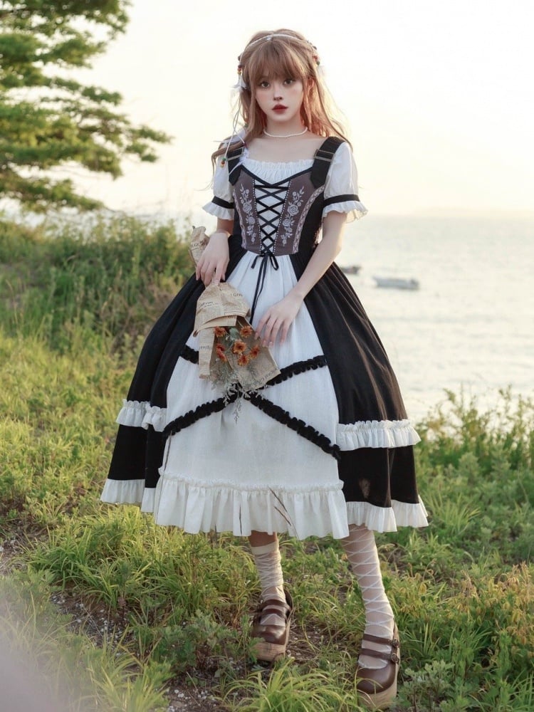 Rosette Embroidery Lace-up Details Bodice Black and White One Piece