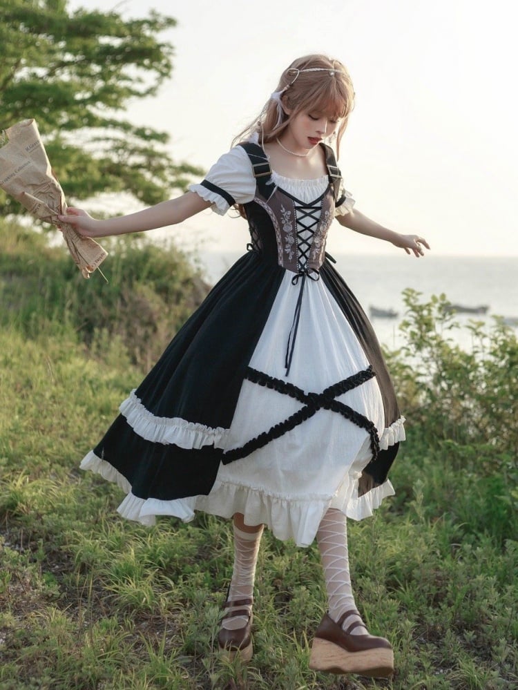 Rosette Embroidery Lace-up Details Bodice Black and White One Piece