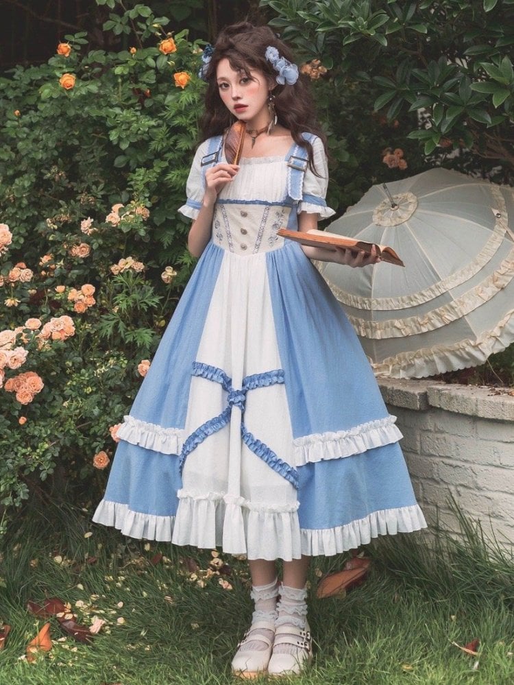 Square Neckline Rose Embroidery Waist Blue and White One Piece