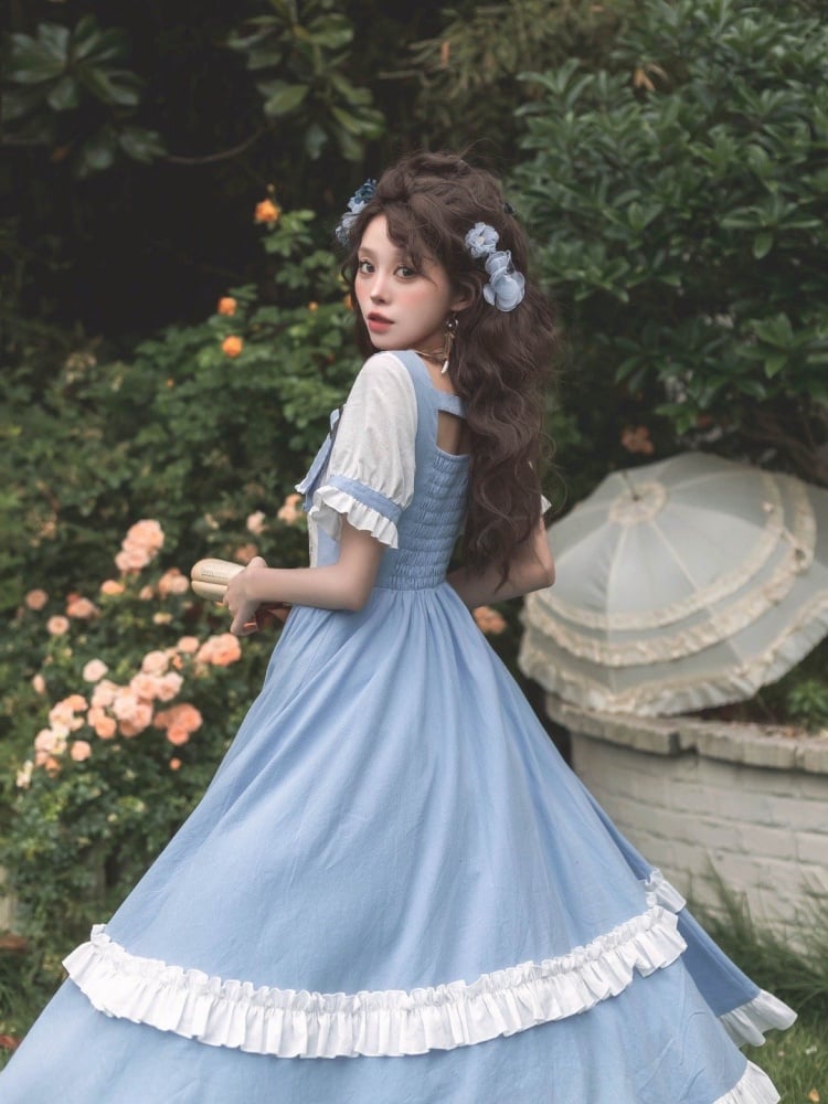 Square Neckline Rose Embroidery Waist Blue and White One Piece