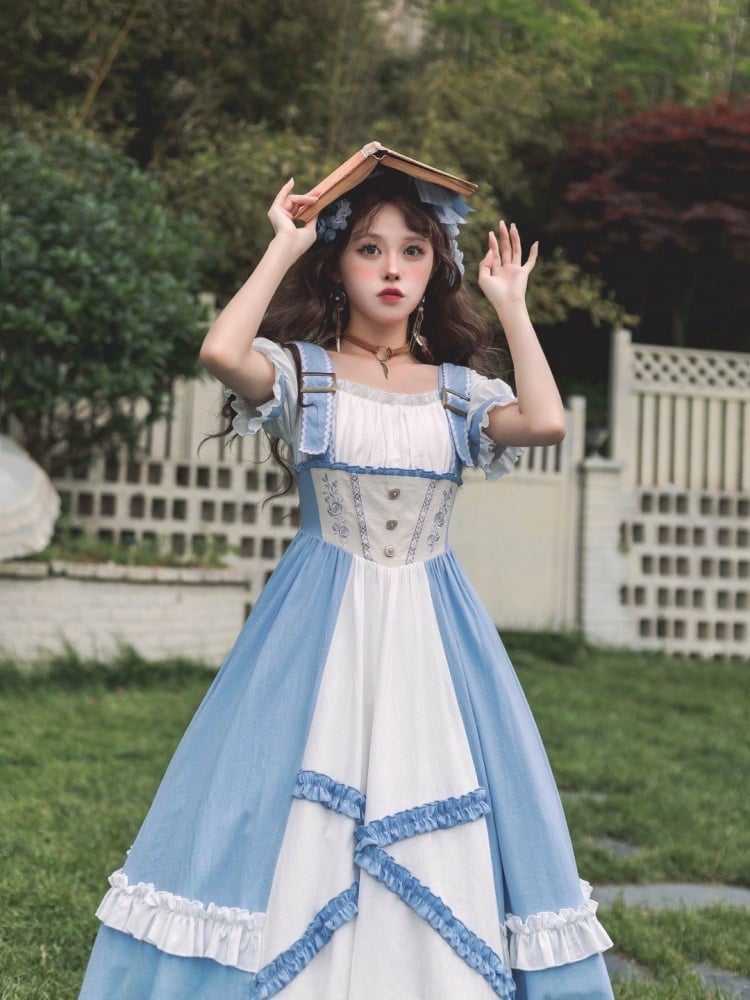 Square Neckline Rose Embroidery Waist Blue and White One Piece