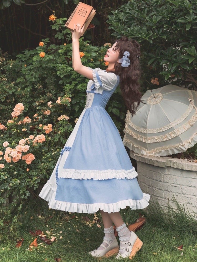 Square Neckline Rose Embroidery Waist Blue and White One Piece