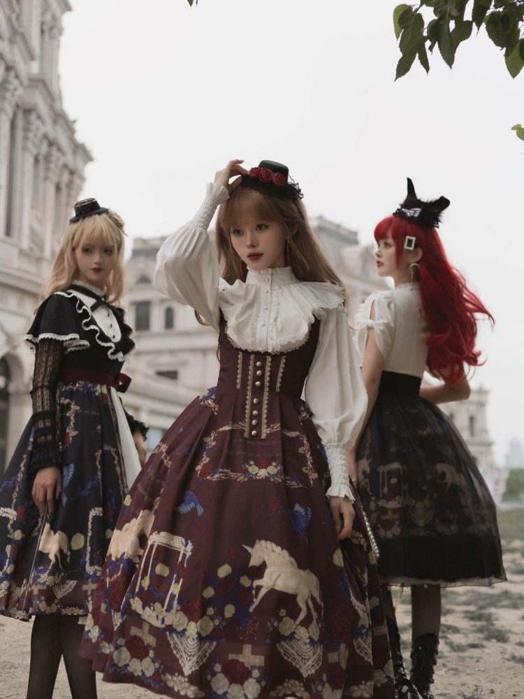 Red Underbust Neckline Unicorn Print High Waist Jumper Skirt