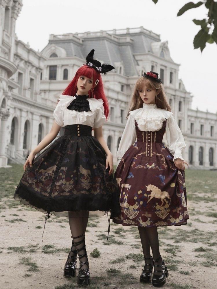 Red Underbust Neckline Unicorn Print High Waist Jumper Skirt