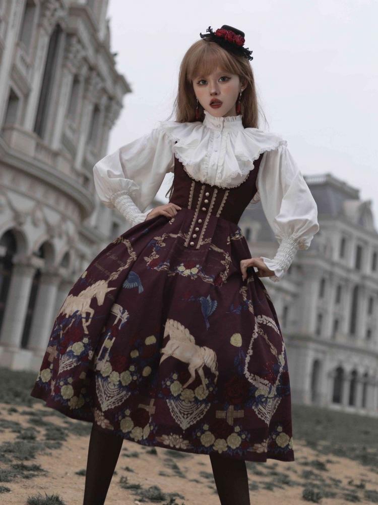 Red Underbust Neckline Unicorn Print High Waist Jumper Skirt