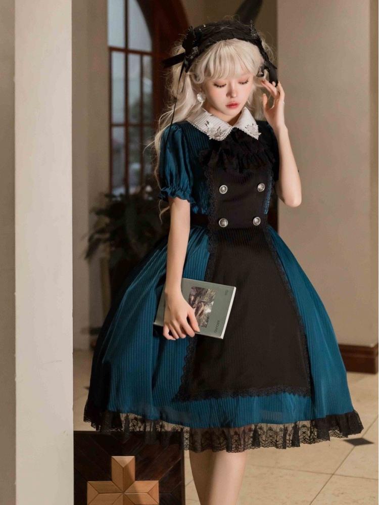 White Rose Applique Collar Peacock Blue Puff Sleeves One Piece