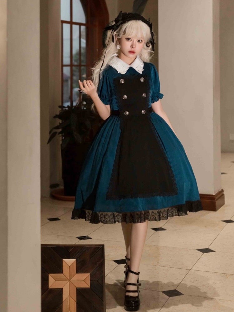 White Rose Applique Collar Peacock Blue Puff Sleeves One Piece