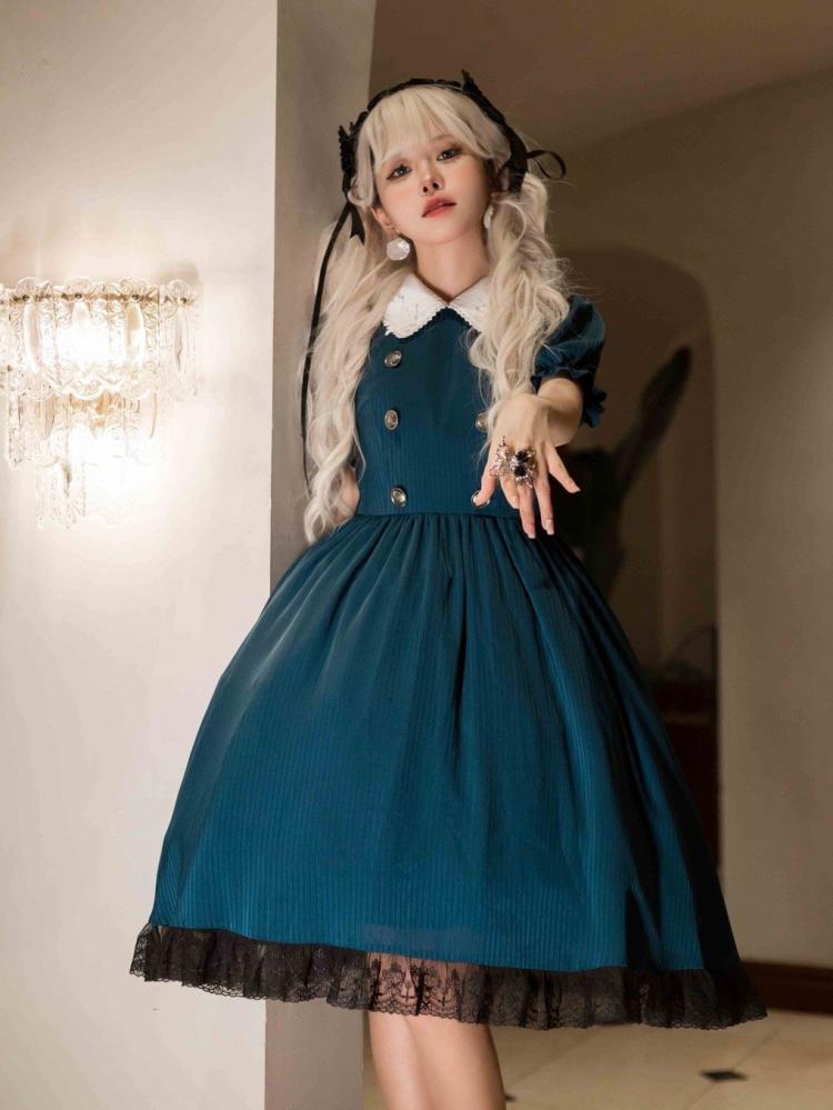 White Rose Applique Collar Peacock Blue Puff Sleeves One Piece