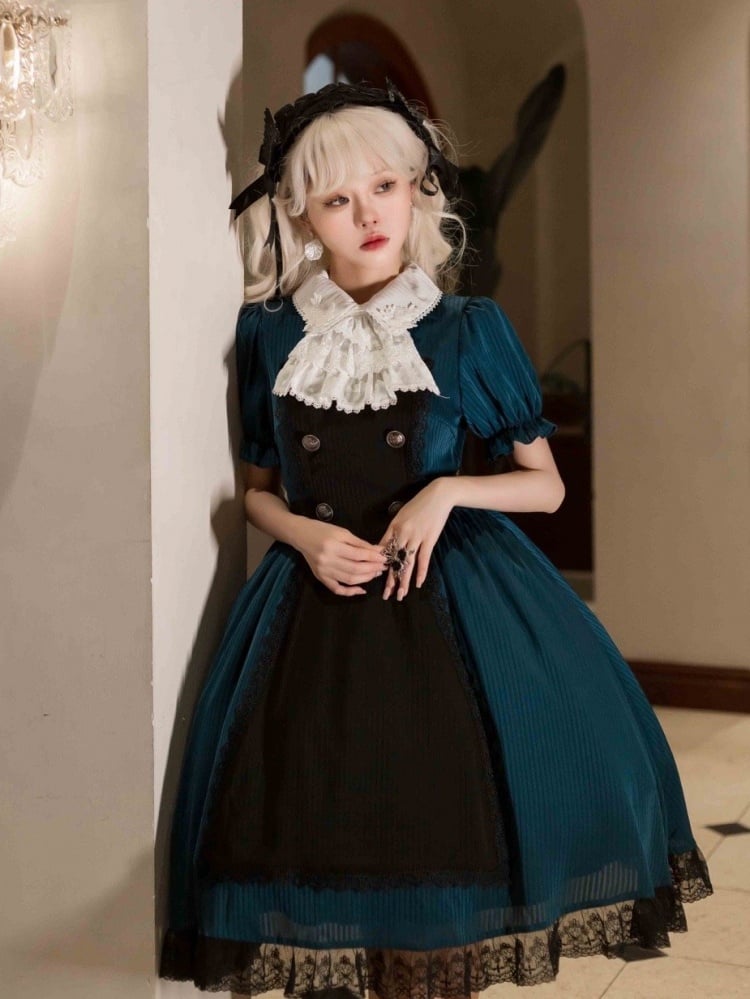 White Rose Applique Collar Peacock Blue Puff Sleeves One Piece
