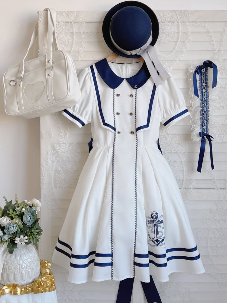Anchor Embroidery Hemline White Navy Vibes Dress One Piece