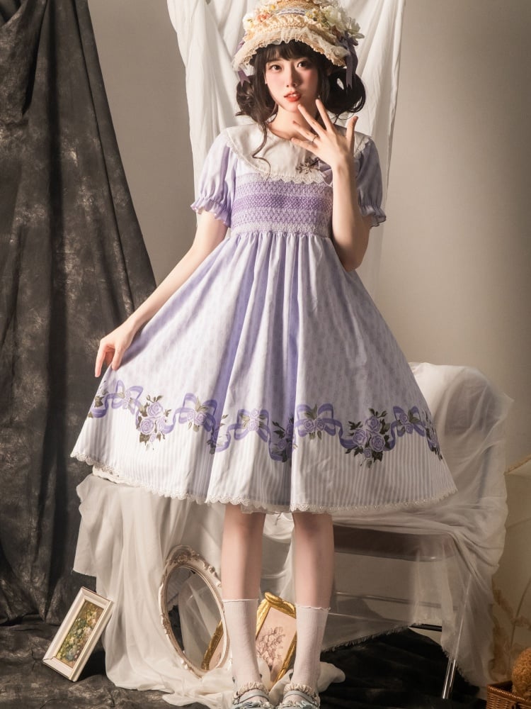 Purple Rose Embroidery Flat Collar Striped Hemline One Piece