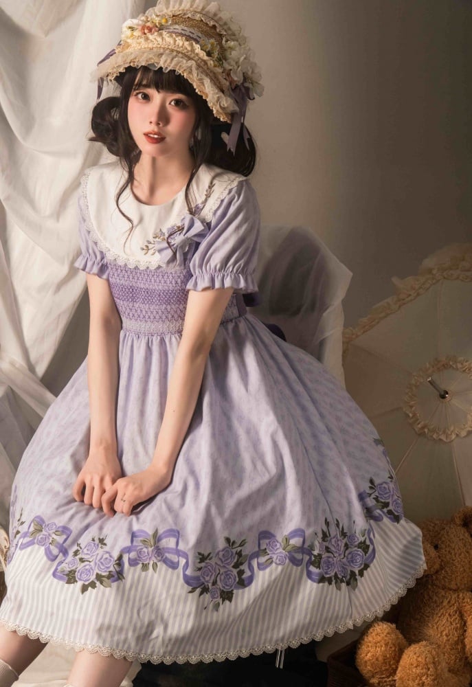 Purple Rose Embroidery Flat Collar Striped Hemline One Piece