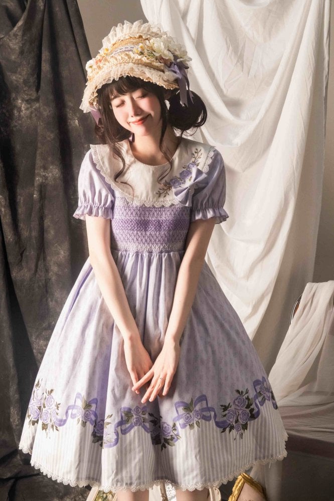 Purple Rose Embroidery Flat Collar Striped Hemline One Piece