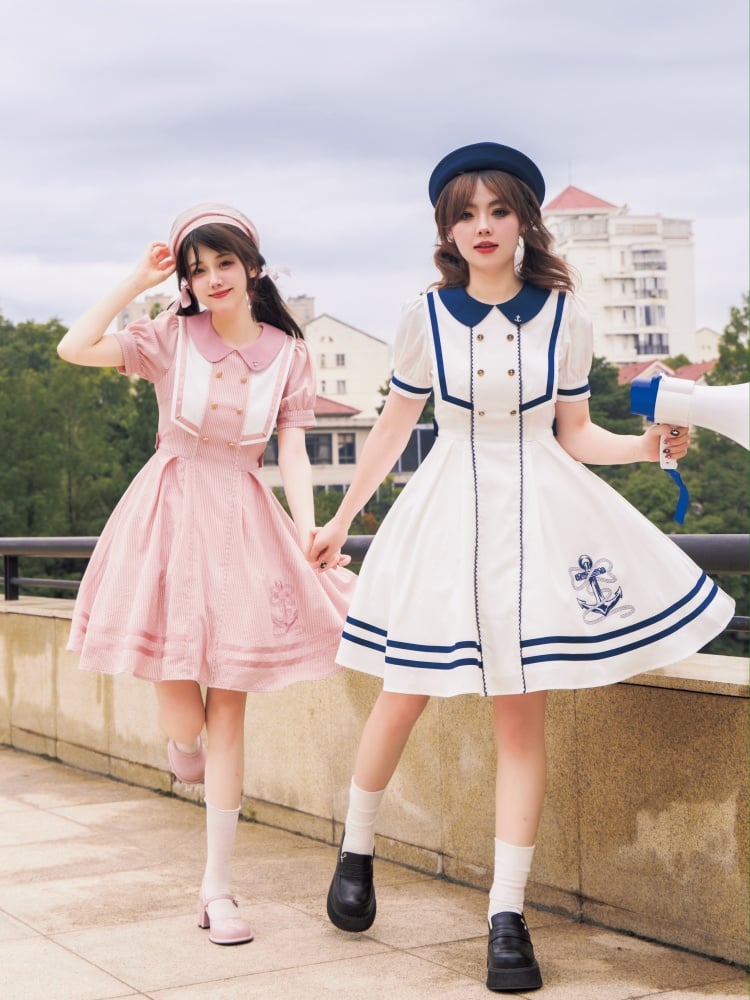 Anchor Embroidery Hemline White Navy Vibes Dress One Piece