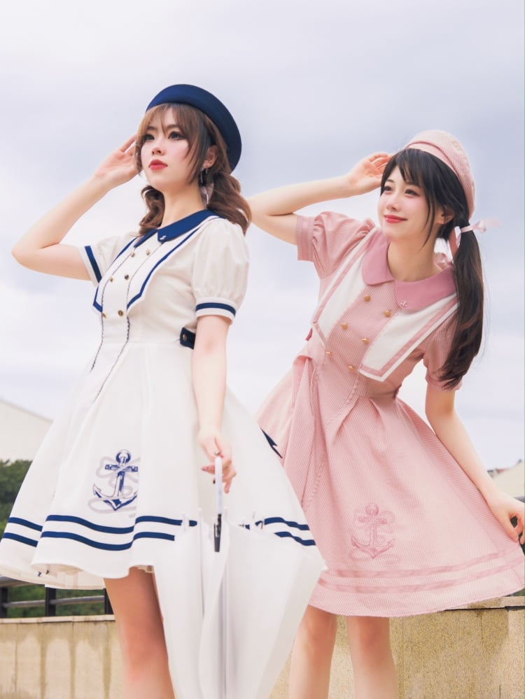 Anchor Embroidery Hemline White Navy Vibes Dress One Piece