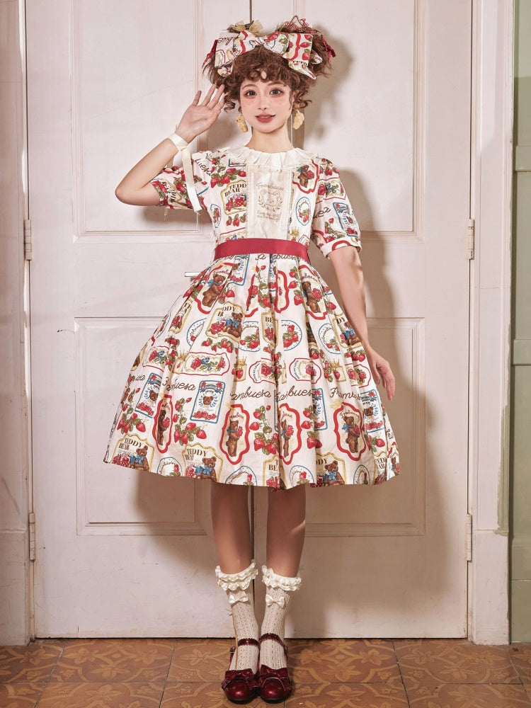 Kano Beige Bear Embroidery Strawberry Print Round Neckline Short Sleeves One Piece