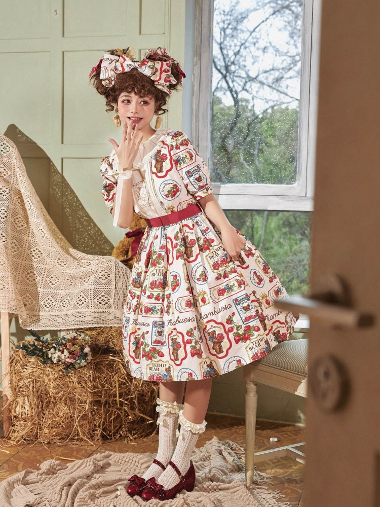 Kano Beige Bear Embroidery Strawberry Print Round Neckline Short Sleeves One Piece