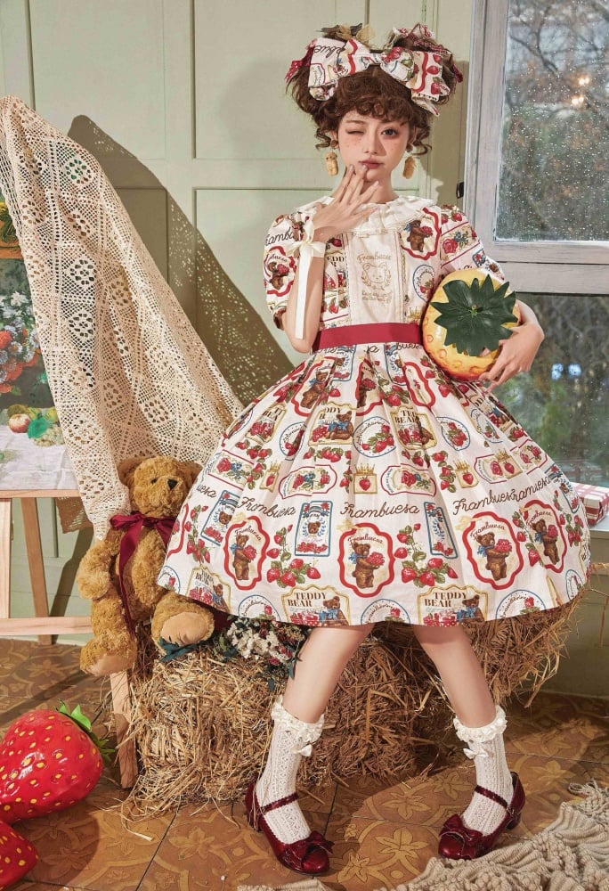 Kano Beige Bear Embroidery Strawberry Print Round Neckline Short Sleeves One Piece