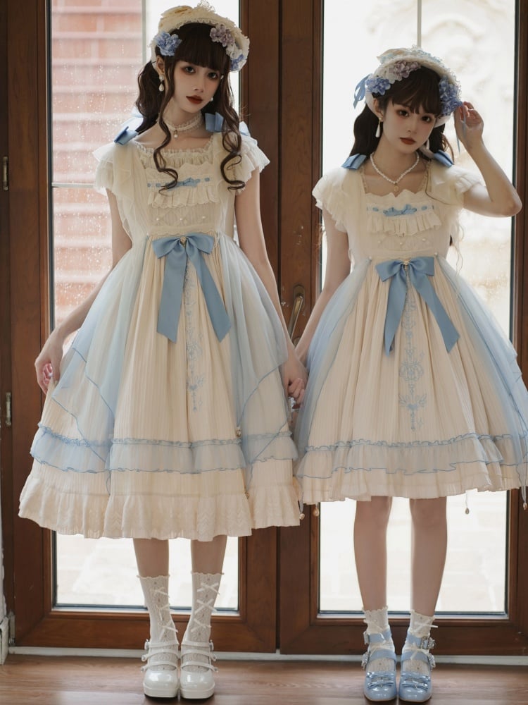 Hebe's Tears Beige and Blue Short/Long Version Square Neckline Jumper Skirt Set
