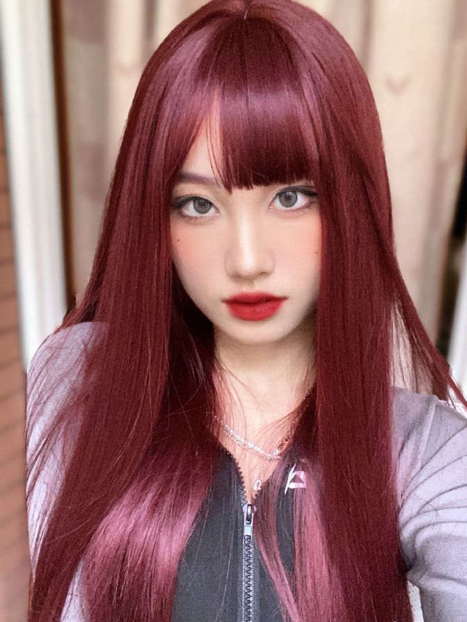 Wine Red Long Straight Synthetic Wig with Bangs