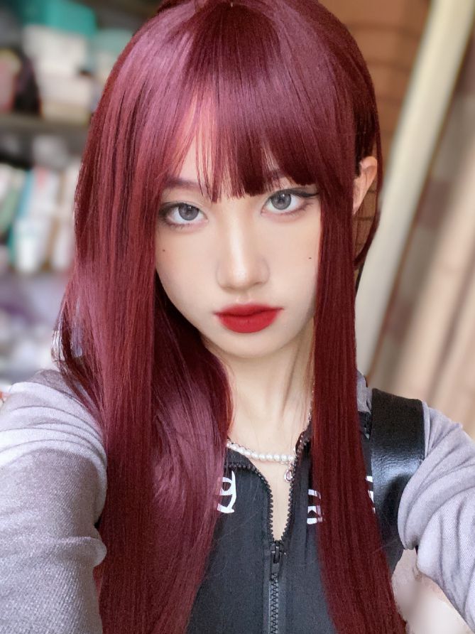 Wine Red Long Straight Synthetic Wig with Bangs