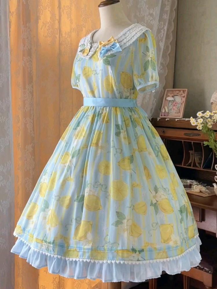 Summer Lemon Print Yellow and Blue One Piece