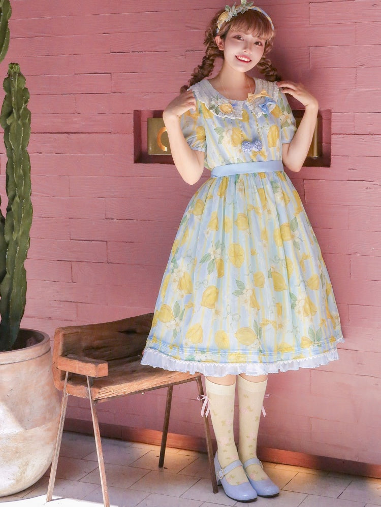 Summer Lemon Print Yellow and Blue One Piece