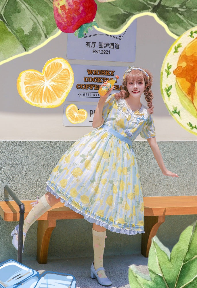 Summer Lemon Print Yellow and Blue One Piece