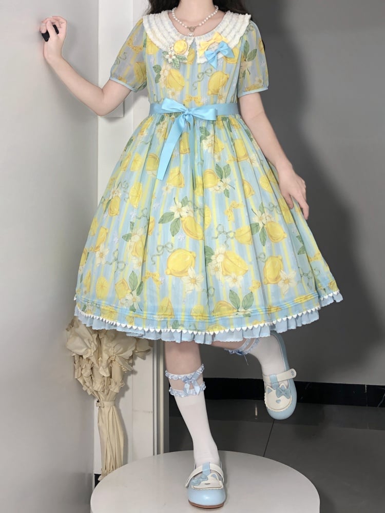 Summer Lemon Print Yellow and Blue One Piece