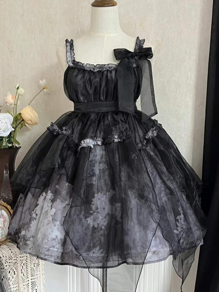 Withered Leaves Print Handkerchief Overlay Hem Empire Waist Jumper Skirt + Blouse Set