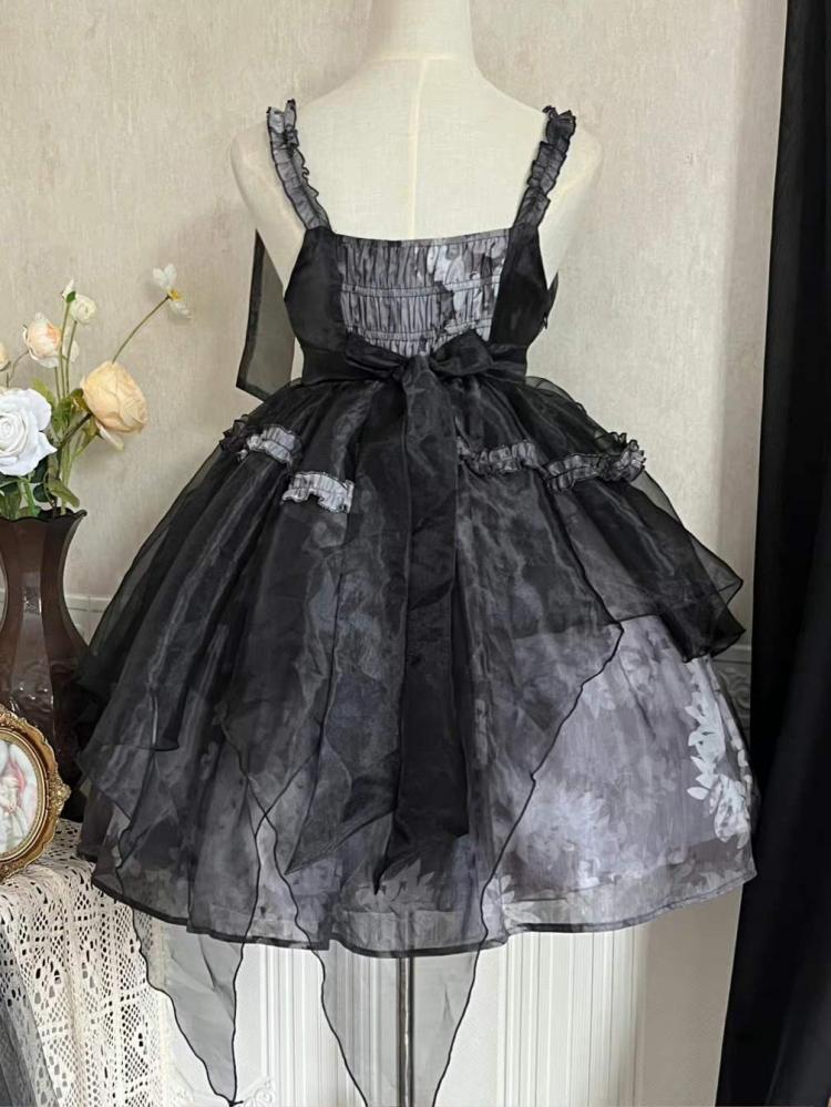 Withered Leaves Print Handkerchief Overlay Hem Empire Waist Jumper Skirt + Blouse Set