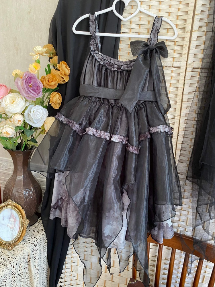 Withered Leaves Print Handkerchief Overlay Hem Empire Waist Jumper Skirt + Blouse Set