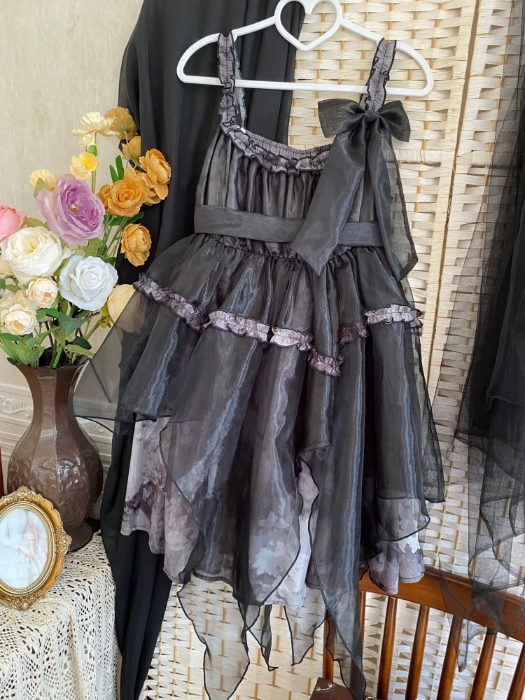 Withered Leaves Print Handkerchief Overlay Hem Empire Waist Jumper Skirt