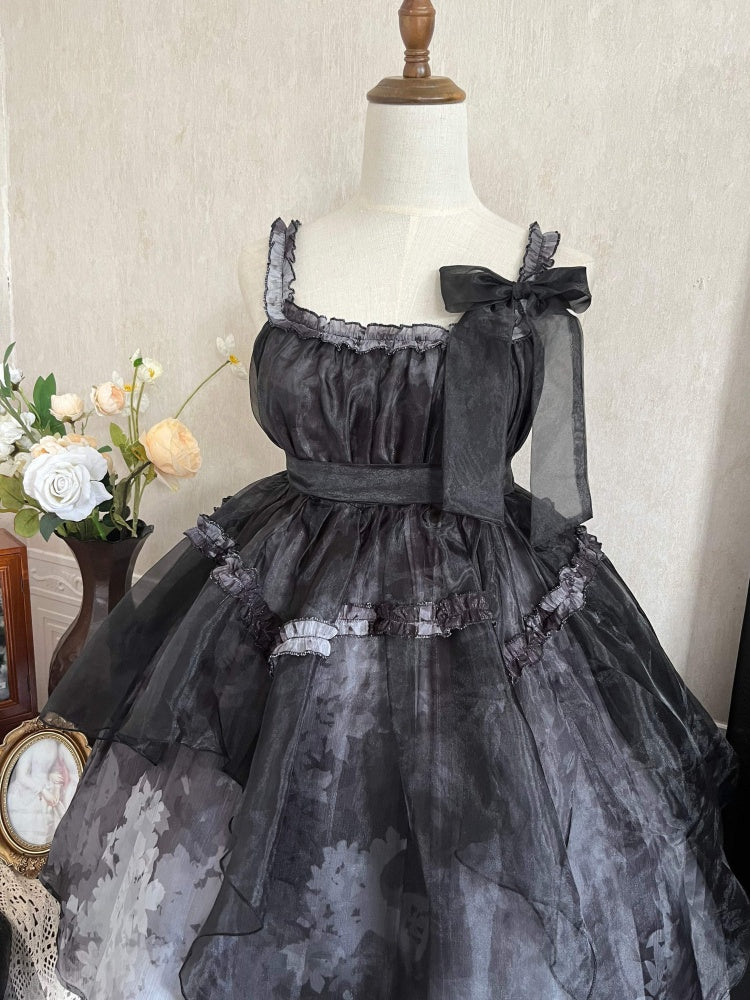 Withered Leaves Print Handkerchief Overlay Hem Empire Waist Jumper Skirt + Blouse Set