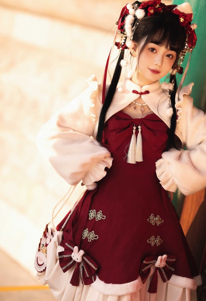 New Year Rabbit Red Bowknot Details Lace-up Bodice Jumper Skirt