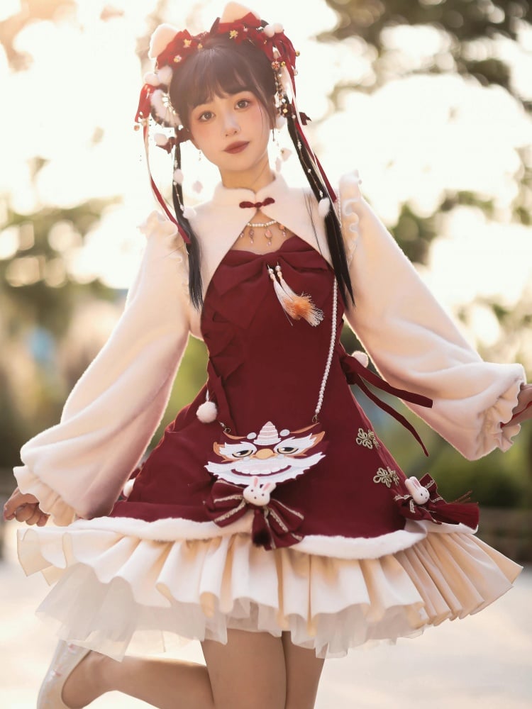New Year Rabbit Red Bowknot Details Lace-up Bodice Jumper Skirt