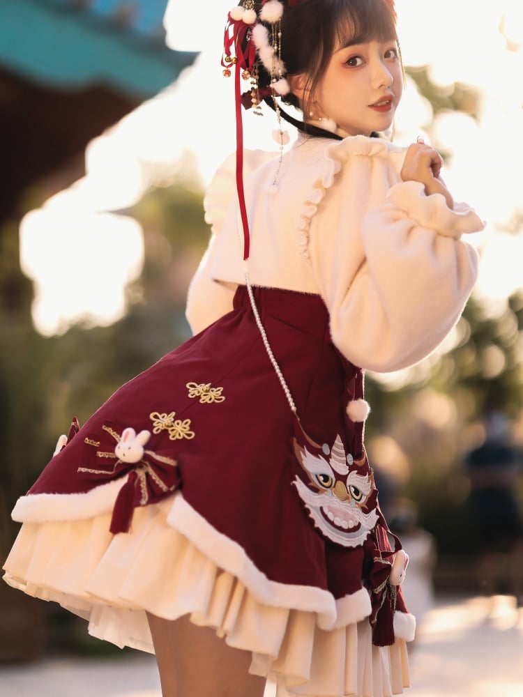 New Year Rabbit Red Bowknot Details Lace-up Bodice Jumper Skirt