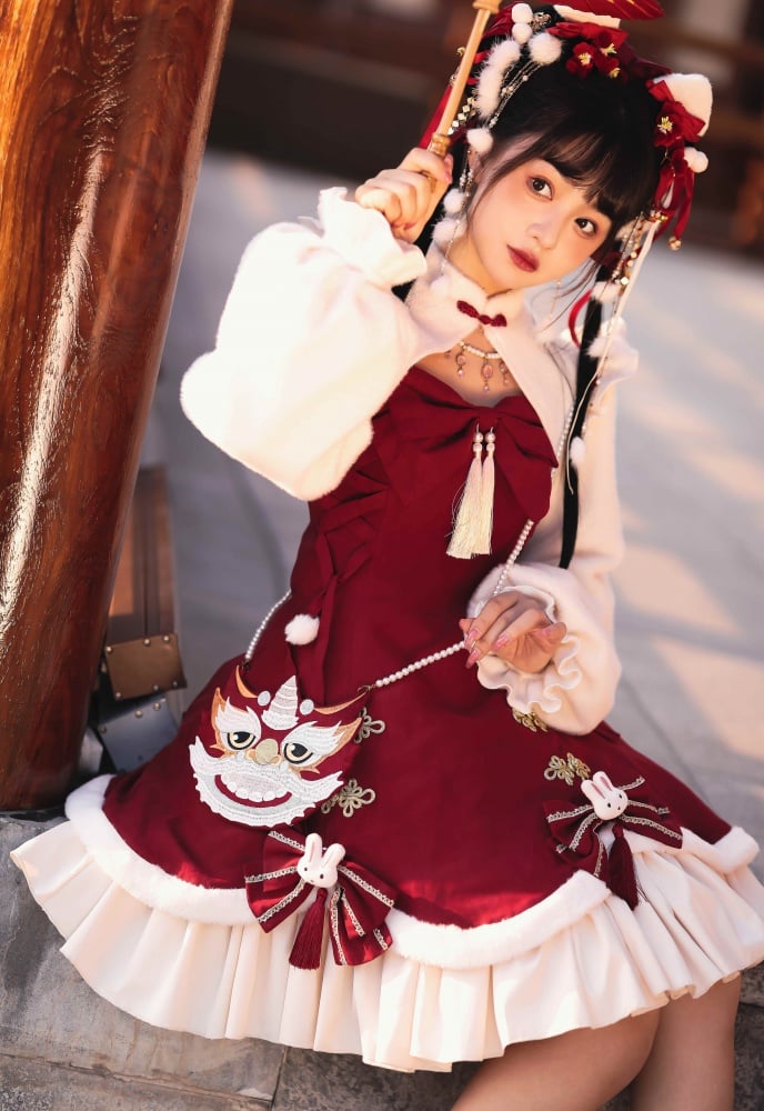 New Year Rabbit Red Bowknot Details Lace-up Bodice Jumper Skirt