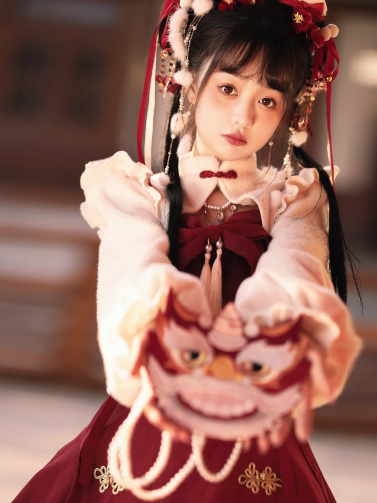 New Year Rabbit Red Bowknot Details Lace-up Bodice Jumper Skirt