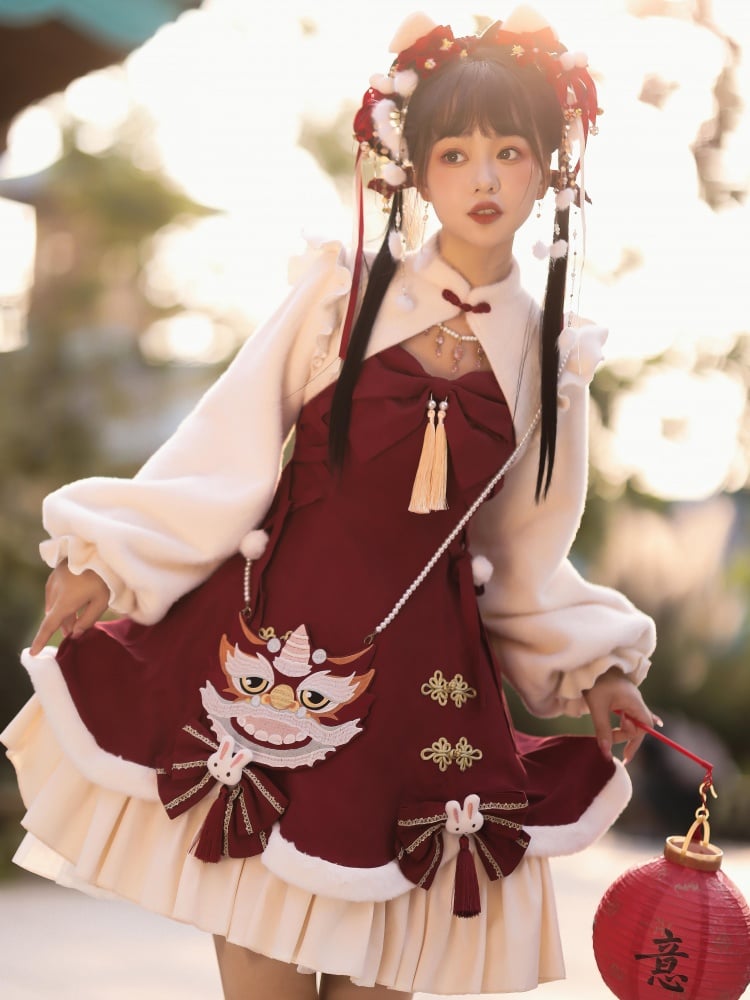 New Year Rabbit Red Bowknot Details Lace-up Bodice Jumper Skirt