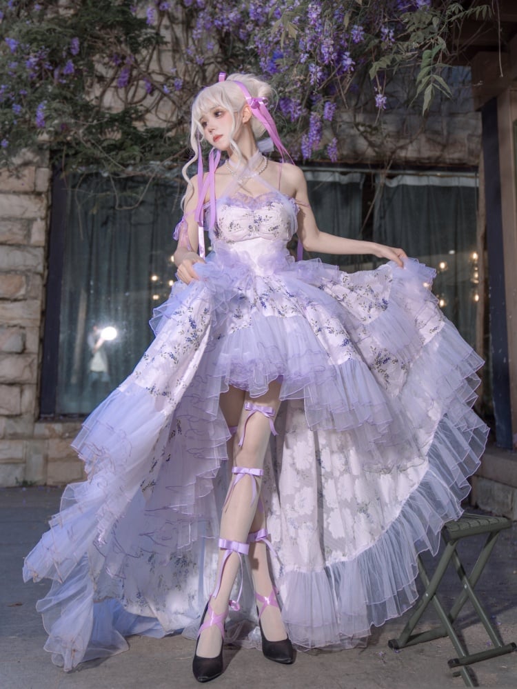 High-low Skirt Floral Print Purple Fariy Dress Jumper Skirt Full Set