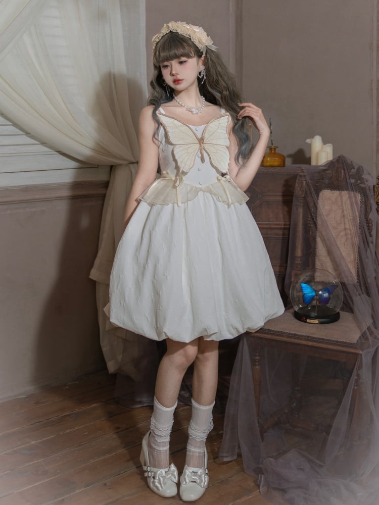 White Butterfly Bodice Dress Bubble Skirt Jumper Skirt