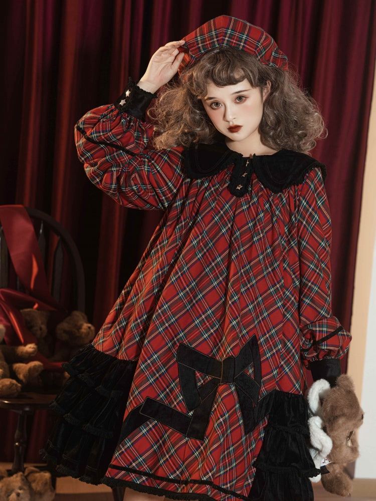 Star of Freedom and Courage Red Plaid Pattern Peter Pan Collor Long Sleeves One Piece