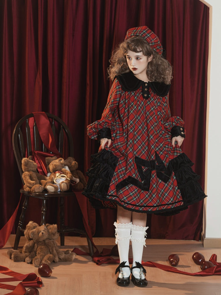 Star of Freedom and Courage Red Plaid Pattern Peter Pan Collor Long Sleeves One Piece