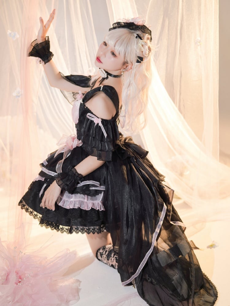 Memoirs of Rose Color Black and Pink Jumper Skirt Lace-up Detail Tiered Skirt and Flounce Hem