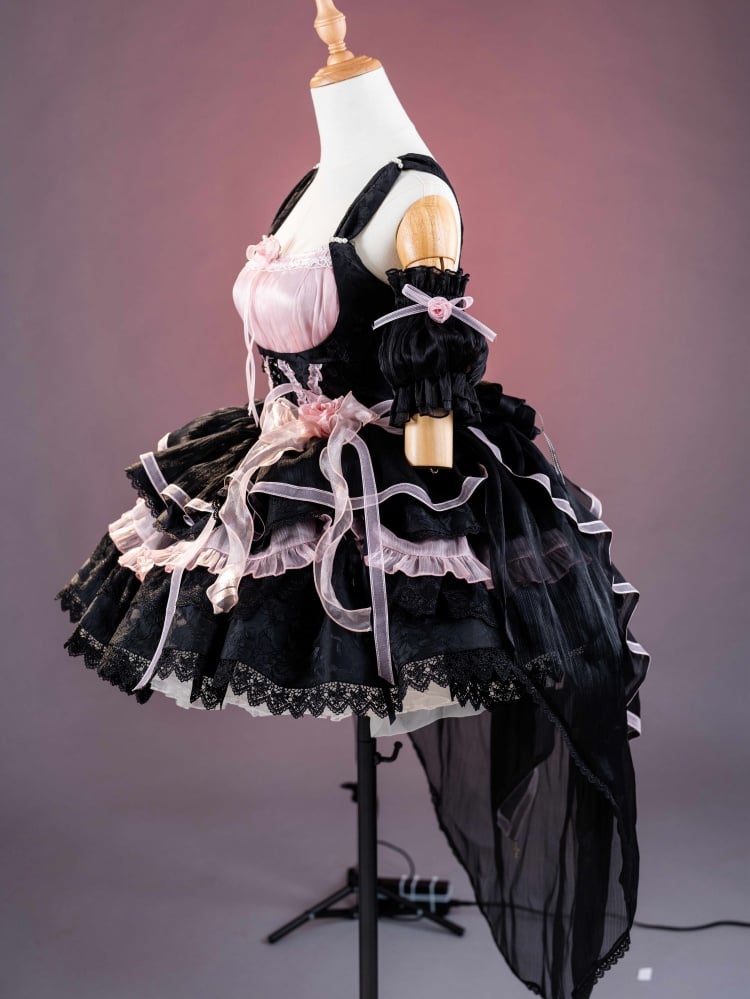 Memoirs of Rose Color Black and Pink Jumper Skirt Lace-up Detail Tiered Skirt and Flounce Hem