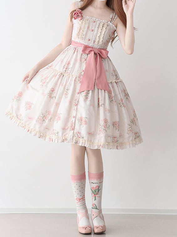 Pink Floral Print Front Button Placket Hem Jumper Skirt - Sukuroi
