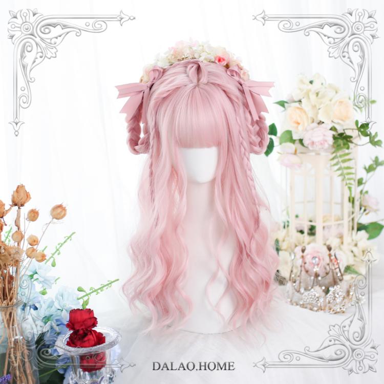 Strawberry Bo Bo Pink Long Curly Synthetic Wig with Air Bangs