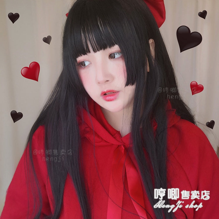 A Jiang Black / Chocolate Long Straight Synthetic Wig with Bangs